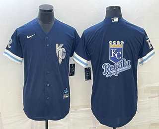 Men%27s Kansas City Royals Big Logo 2022 Navy Blue City Connect Cool Base Stitched Jersey